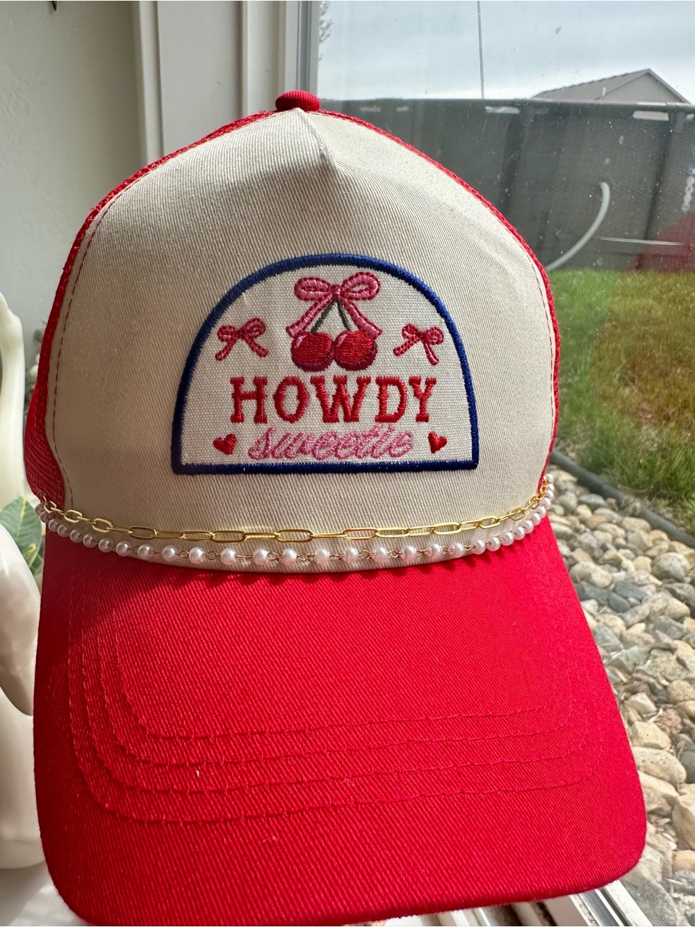 David Young Buckle Red and Cream Trucker Hat with Embroidered  'Howdy Sweetie'